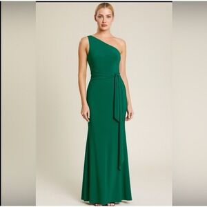 NWT Mac Duggal Womens Green One Shoulder Jersey Sheath Gown Size 10